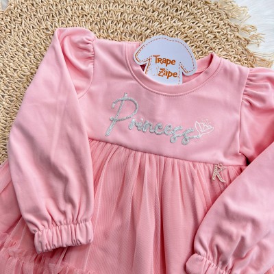 Vestido Manga Longa Princess com Tule - Rosa